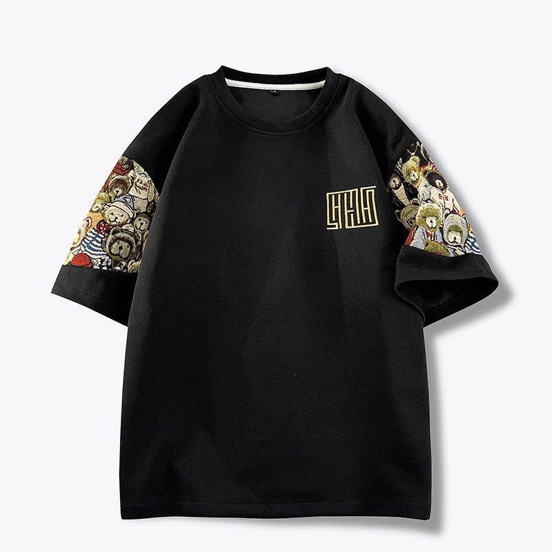 Summer Embroidered T-Shirt Men'S Short-Sleeved Stitching Round Neck Bear Loose Plus Size Trendy Teenager Fashion Short-Sleeved T-Shirt Men - Image 2