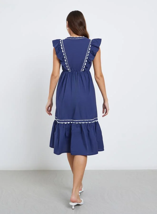 Styli Styli Blue Ruffle Detail Midi Dress