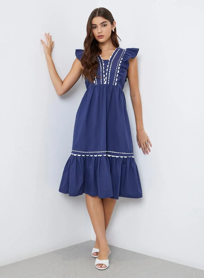 Styli Styli Blue Ruffle Detail Midi Dress