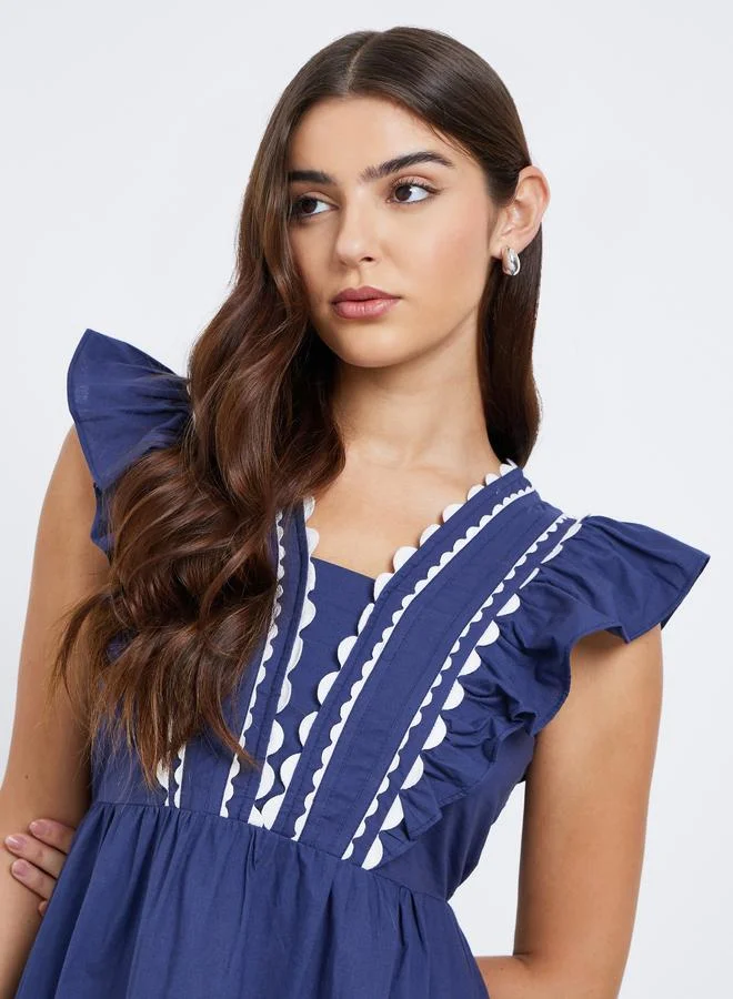 Styli Styli Blue Ruffle Detail Midi Dress