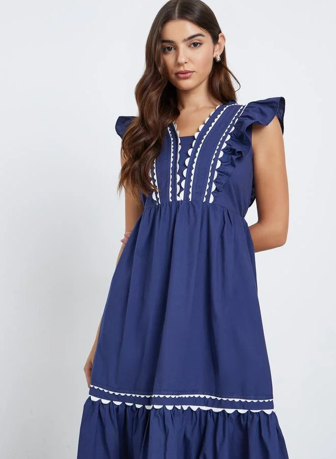 Styli Styli Blue Ruffle Detail Midi Dress