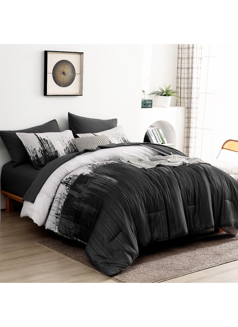 WONGS BEDDING WONGS BEDDING Comforter Set King  Black Grey 7 Pieces Bed in a Bag Colorful Abstract Art Gradient Comforter Soft Microfiber Bedding Set with Comforter Flat Sheet Fitted Sheet Pillow Shams Pillowcases  - Image 2