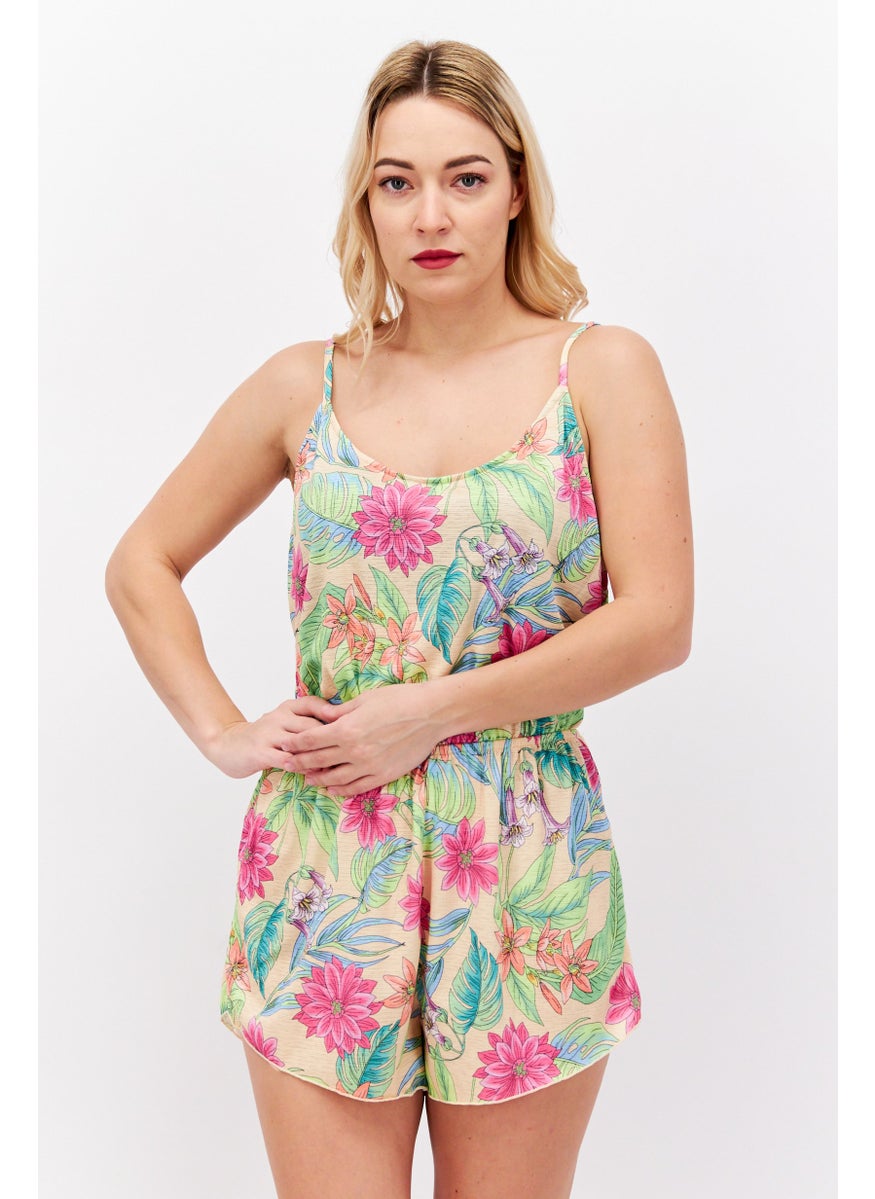 Hurley Women Floral Printed Sleeveless Playsuit, Green Combo  - Image 1