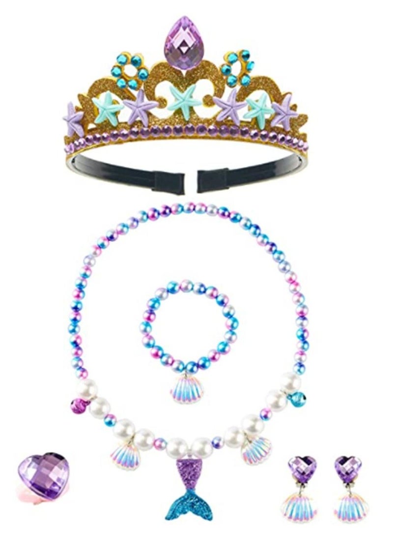 NIBEMINENT Mermaid Jewelry Crown Necklace Bracelet Earrings Ring Birthday Gift for Kids Girls Party Decorations 6 Sets  - Image 1