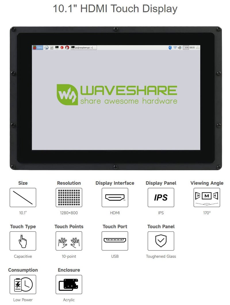 Waveshare شاشة LCD HDMI بحجم 10.1 بوصة من ويفشير مع غلاف شاشة تعمل باللمس IPS بدقة 1280x800 تدعم Raspberry Pi 3 B 2 B B A Banana Pi Pro BeagleBone Black تدعم أنظمة متعددة - Image 3