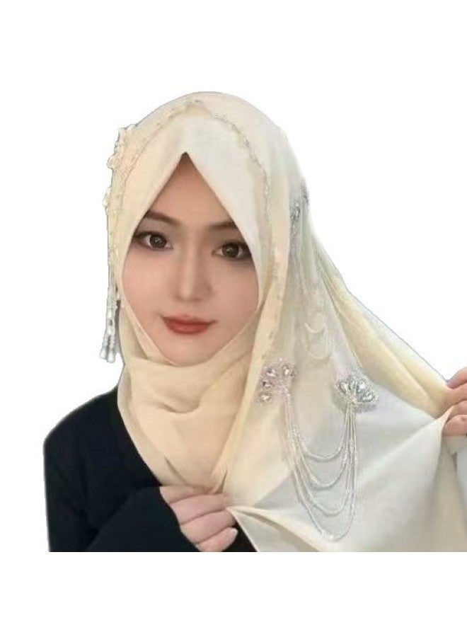 حجاب نسائي مزين بزهور خرز وشرّابات متدلية، مقاس موحد، وشاح رأس أنيق للاستخدام اليومي والمناسبات والتجمعات - Image 2
