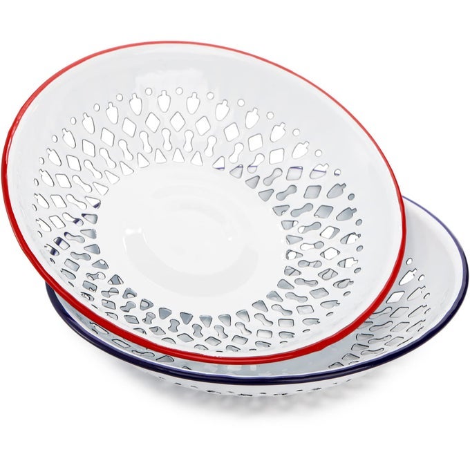2 PACK ENAMEL COLANDER STRAINER BOWL PLATES VINTAGE SELFDRAINING FRUIT DISHES ENAMELWARE WHITE METAL ENAMEL DINNERWARE SET REDBLUE EDGE COUNTRY ORIGINAL HOME KITCHEN DECORATION