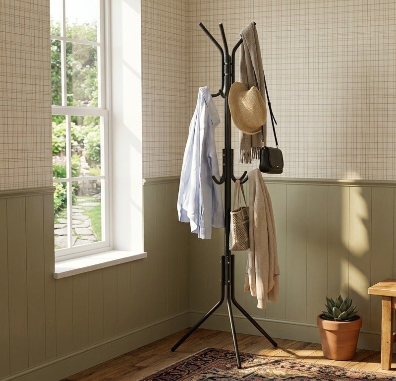 O2. Standing Metal Coat Rack, Black Freestanding Clothes and Hat Hanger with Multiple Hooks for Jackets, Bags, Scarves and Accessories, Space-Saving Floor Stand for Home or Office, 152 cm - Image 5