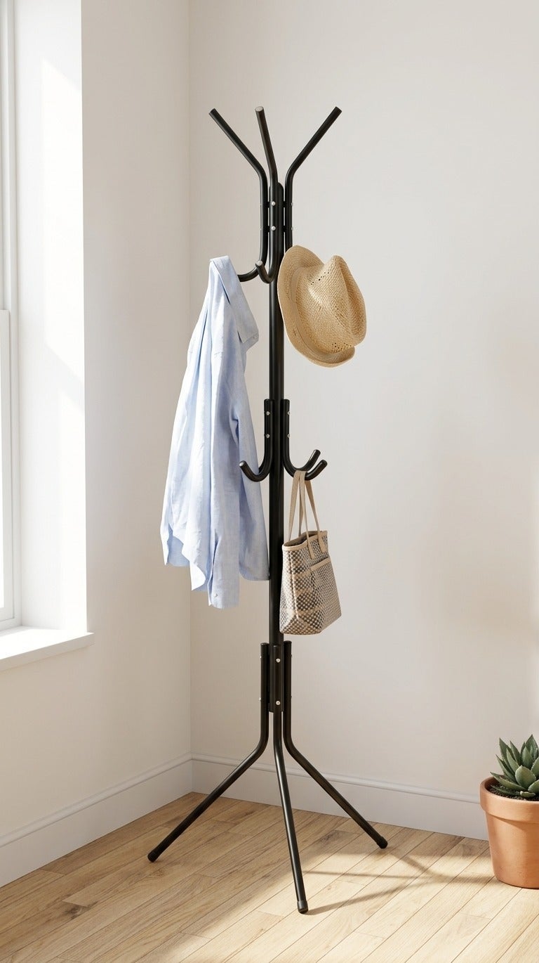 O2. Standing Metal Coat Rack, Black Freestanding Clothes and Hat Hanger with Multiple Hooks for Jackets, Bags, Scarves and Accessories, Space-Saving Floor Stand for Home or Office, 152 cm - Image 4