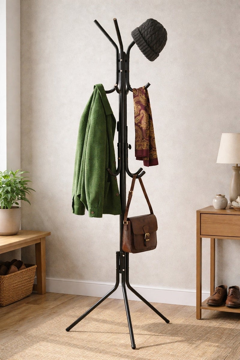 O2. Standing Metal Coat Rack, Black Freestanding Clothes and Hat Hanger with Multiple Hooks for Jackets, Bags, Scarves and Accessories, Space-Saving Floor Stand for Home or Office, 152 cm - Image 1