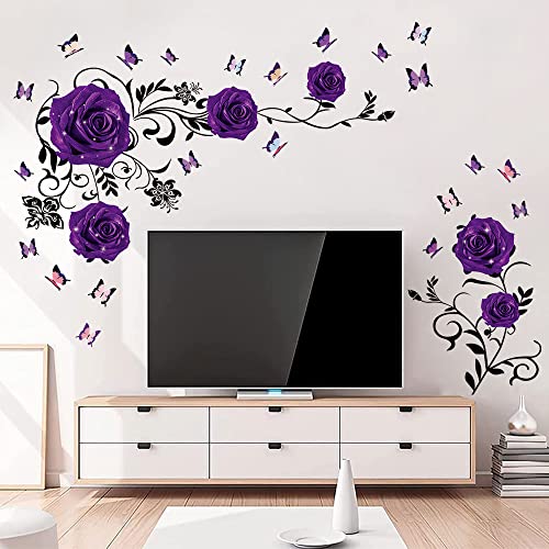 Supzone Purple Rose Wall Stickers Rose Flower Vine Wall Decal Purple Peony Floral Wall Decor DIY Vinyl Mural Art for Bedroom Living Room Sofa Backdrop - Image 1
