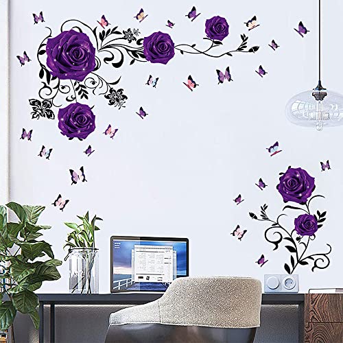 Supzone Purple Rose Wall Stickers Rose Flower Vine Wall Decal Purple Peony Floral Wall Decor DIY Vinyl Mural Art for Bedroom Living Room Sofa Backdrop - Image 4