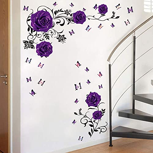 Supzone Purple Rose Wall Stickers Rose Flower Vine Wall Decal Purple Peony Floral Wall Decor DIY Vinyl Mural Art for Bedroom Living Room Sofa Backdrop - Image 3