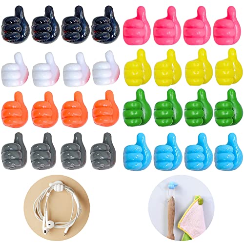 Dupiulk 32 Pcs Self Adhesive Thumb Hooks Waterproof Cable Holder Wire Cord Clip Management Cute Thumb Cord Holder for Desk Wall Key Multicolor - Image 1