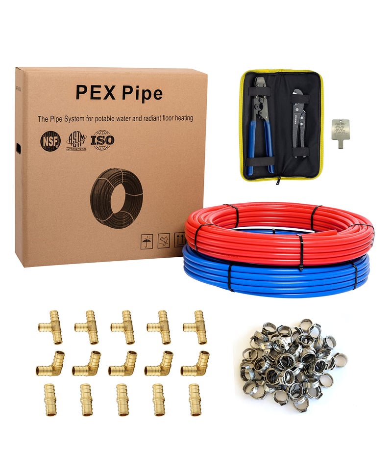 EFIELD 12 Inch 2 x100 ft Pexb PipeTubing200 Ft For Potable Water Cold Hot Water Brass Fitting Crimping Clamp Tool Cinch Clamps Cutter Combo Kit All in OneE99KIT