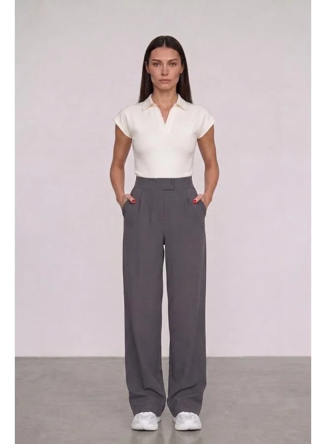 Women's High-Waist Snap Closure Elastic Waist Zipper Pocket elastane Smoke Palazzo Pants