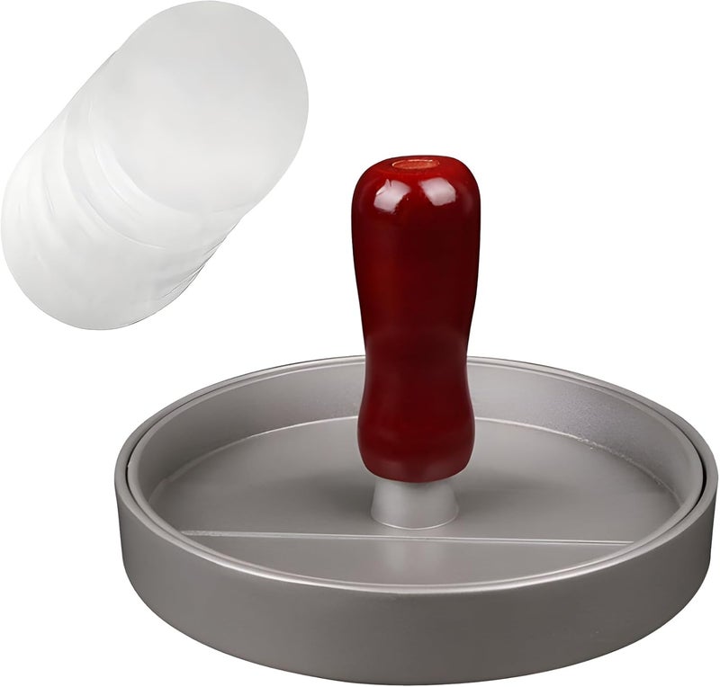 Heavy-Duty Aluminum Burger Press, Patty Maker With Red Wooden Handle, Includes 2 Wax Papers, Portable & Dishwasher Safe, Ideal For Bbq, Camping, And Outdoor Cooking - Image 1