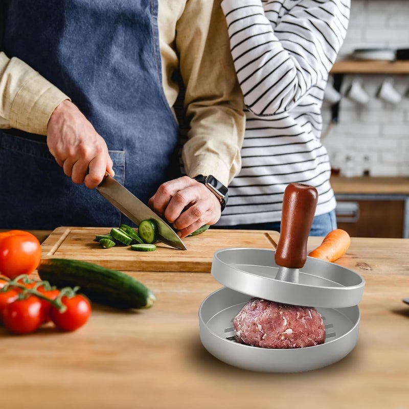 Heavy-Duty Aluminum Burger Press, Patty Maker With Red Wooden Handle, Includes 2 Wax Papers, Portable & Dishwasher Safe, Ideal For Bbq, Camping, And Outdoor Cooking - Image 2