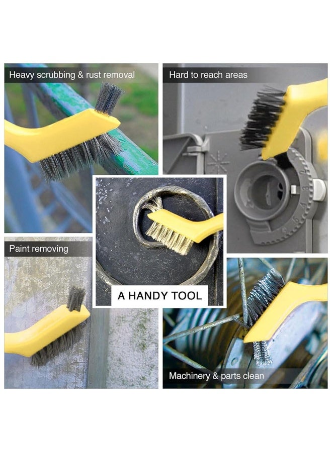 JZS Wire Brush Set,Nylon/Brass/Stainless Steel Bristles with Curved Handle Grip for Rust, Dirt & Paint Scrubbing with Deep Cleaning 18cm,Yellow,3Pcs - Image 5
