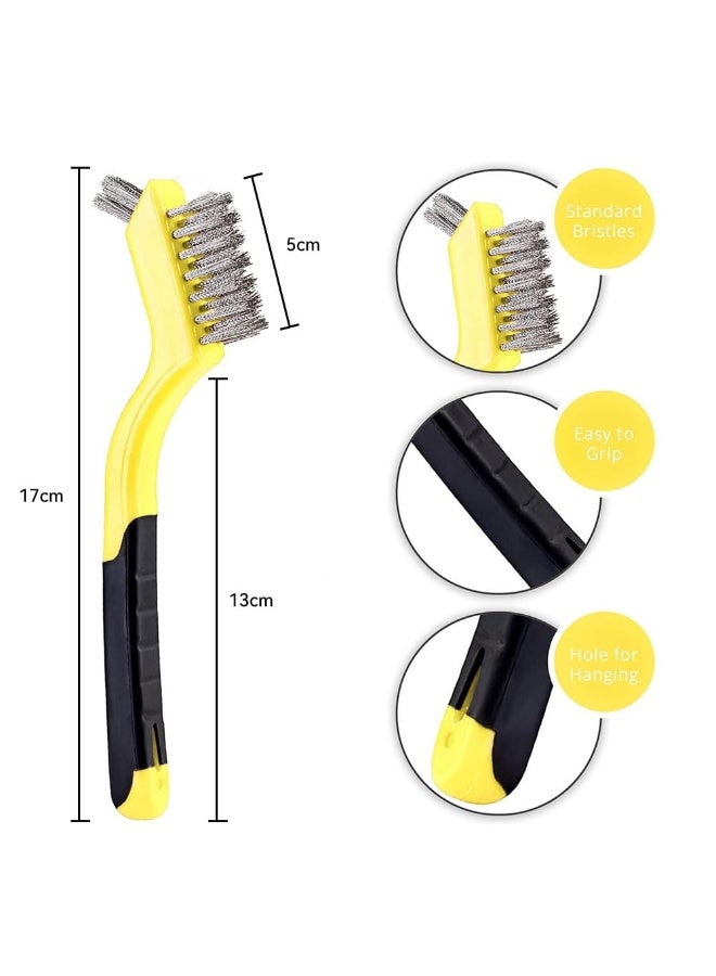 JZS Wire Brush Set,Nylon/Brass/Stainless Steel Bristles with Curved Handle Grip for Rust, Dirt & Paint Scrubbing with Deep Cleaning 18cm,Yellow,3Pcs - Image 2