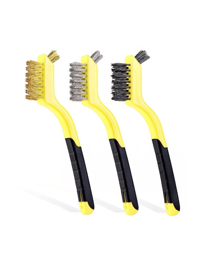 JZS Wire Brush Set,Nylon/Brass/Stainless Steel Bristles with Curved Handle Grip for Rust, Dirt & Paint Scrubbing with Deep Cleaning 18cm,Yellow,3Pcs - Image 1
