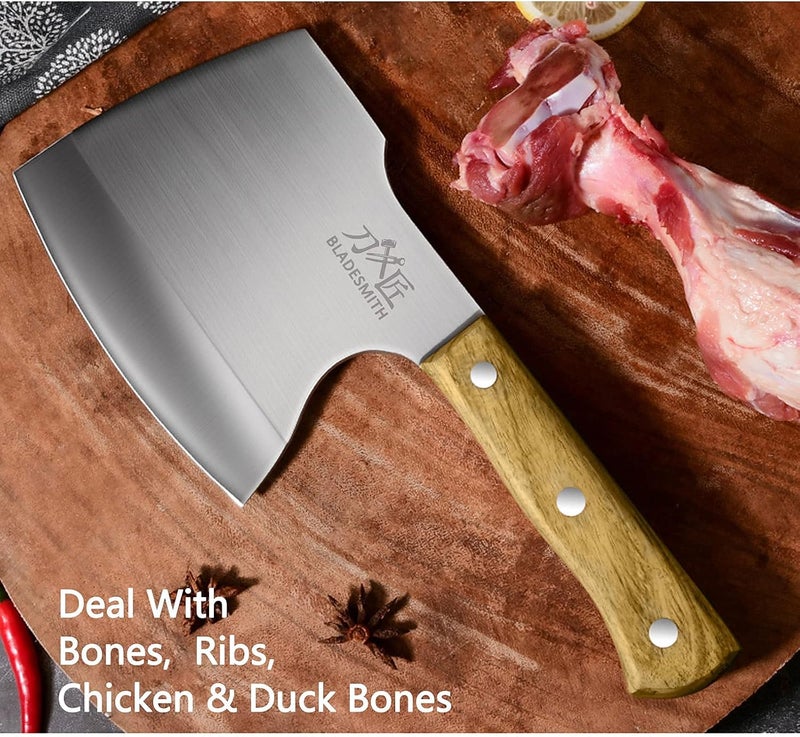 BLADESMITH Meat Cleaver Butcher Axe Bone Chopper Heavy Duty - 6.3'' Bone Cutting Knife Bone Breaker, Stainless Steel Thicken Blade & Pear Wood Handle, Slaughterhouse Looks Manly,2025 Gifts - Image 3