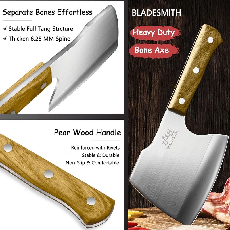 BLADESMITH Meat Cleaver Butcher Axe Bone Chopper Heavy Duty - 6.3'' Bone Cutting Knife Bone Breaker, Stainless Steel Thicken Blade & Pear Wood Handle, Slaughterhouse Looks Manly,2025 Gifts - Image 4