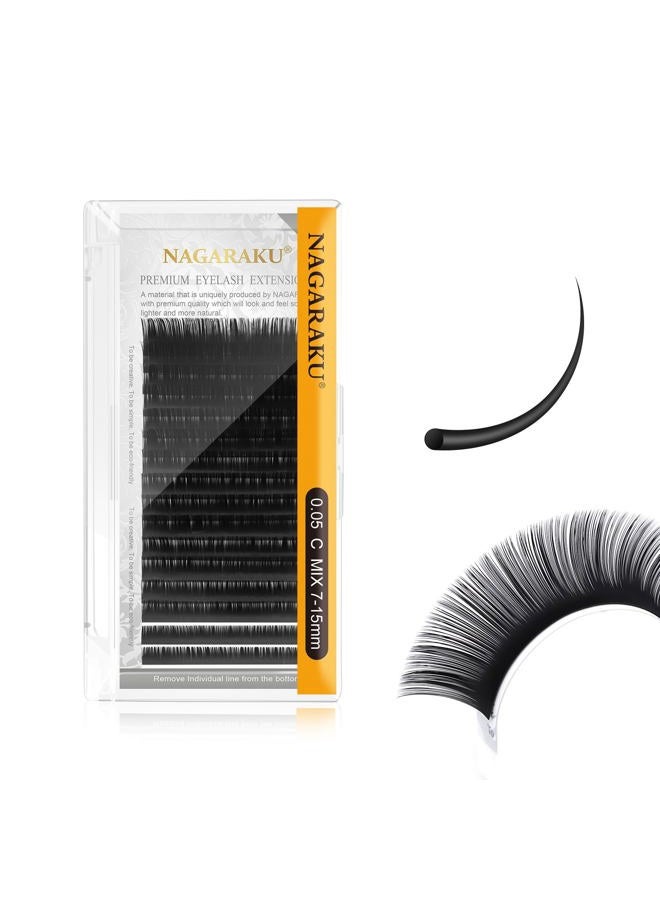 NAGARAKU Eyelash Extensions Individual Mega Volume Lashes Manual Fan 0.05mm C Curl 7-15mm Mix Tray Classic Matte Black Natural Faux Mink False Lash 16 Rows - Image 1