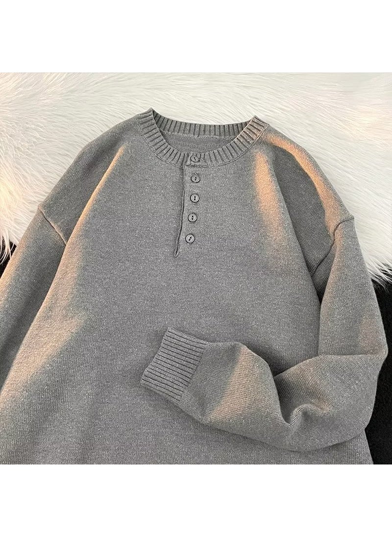 Generic - Mens Autumn/Winter Solid Color Loose-Fit Round Neck Knitted Top Simple Warm Pullover Base Knit Sweater Casual Style Brown - Image 1