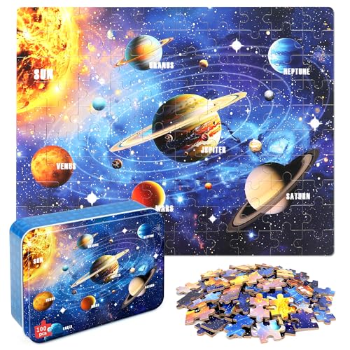 LELEMON 100 Pieces Jigsaw Puzzles for Kids Ages 48 Solar System Planets Educational Puzzles Boys Girls Children Learning Educational Puzzles Portable Box Pack Toy - Image 1