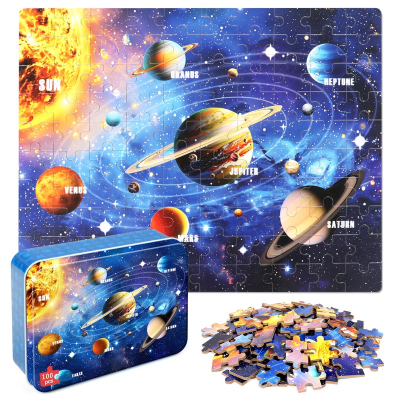 LELEMON 100 Pieces Jigsaw Puzzles for Kids Ages 48 Solar System Planets Educational Puzzles Boys Girls Children Learning Educational Puzzles Portable Box Pack Toy - Image 3