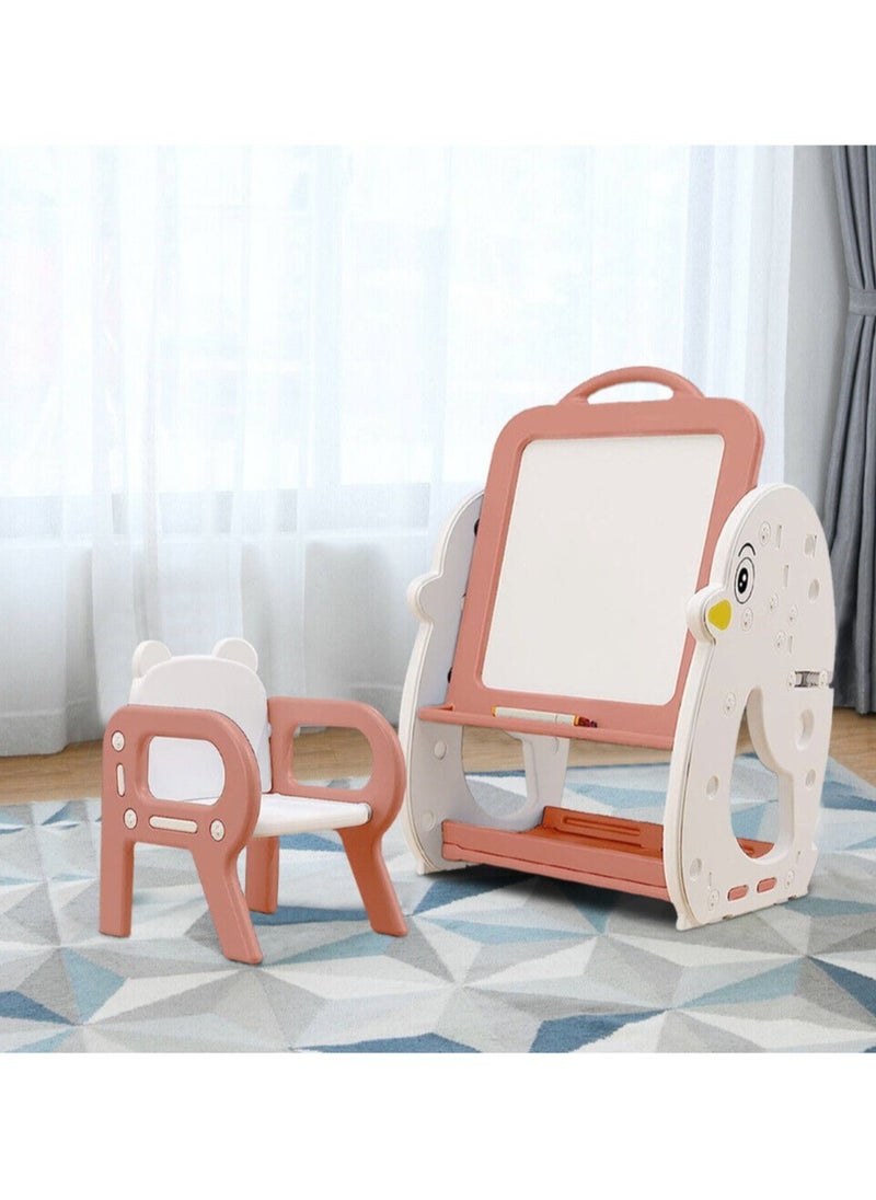 Multifunctional Study Table and Chair Set 3 in 1  ,Art Easel with Bookshelf ,Foldable Desktop and  Adjustable Standing Easel
