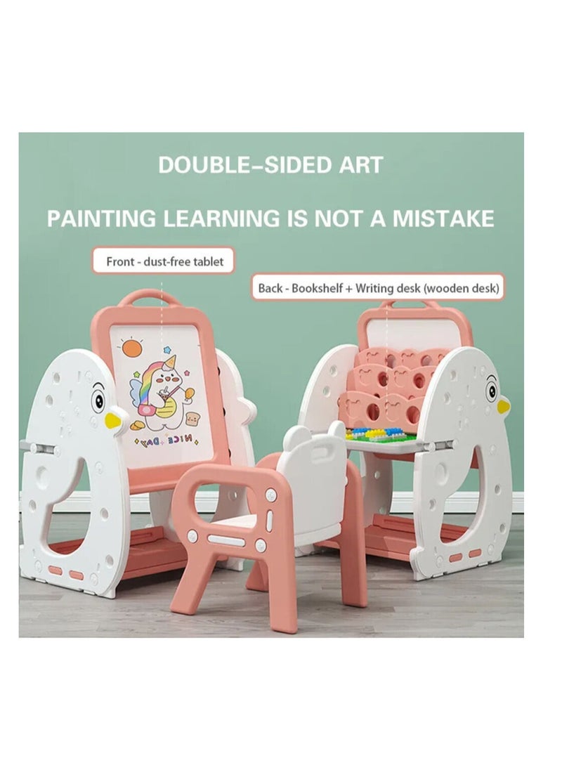 Multifunctional Study Table and Chair Set 3 in 1  ,Art Easel with Bookshelf ,Foldable Desktop and  Adjustable Standing Easel