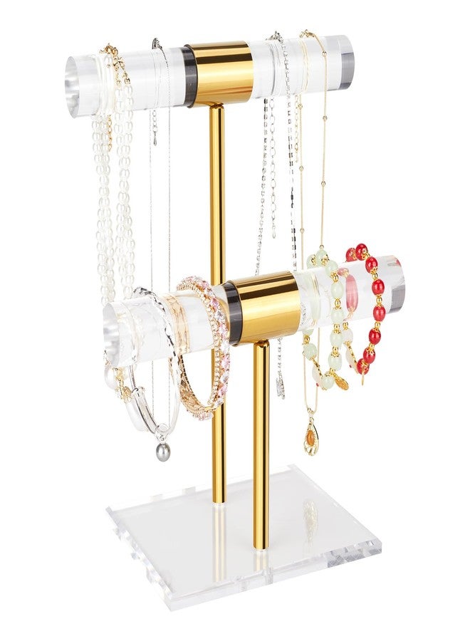 Jolboldy Necklace Holder Bracelet Holder, 2-Tier Acrylic Jewelry Display Stand Gold Jewelry Tower Stand Crystal T Bar Jewelry Organizer Gift for Women(2-Tier 1pc) - Image 1