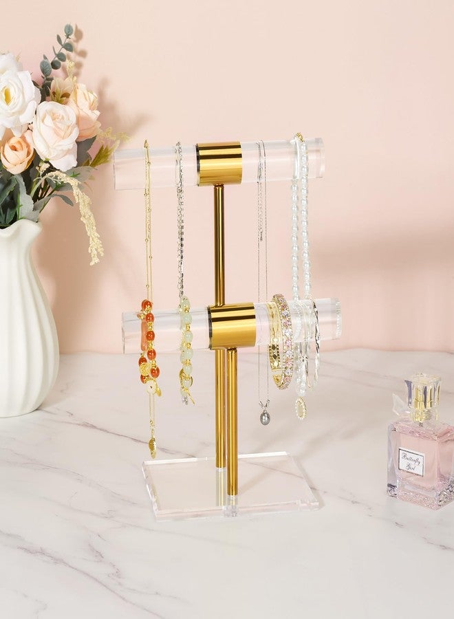 Jolboldy Necklace Holder Bracelet Holder, 2-Tier Acrylic Jewelry Display Stand Gold Jewelry Tower Stand Crystal T Bar Jewelry Organizer Gift for Women(2-Tier 1pc) - Image 2