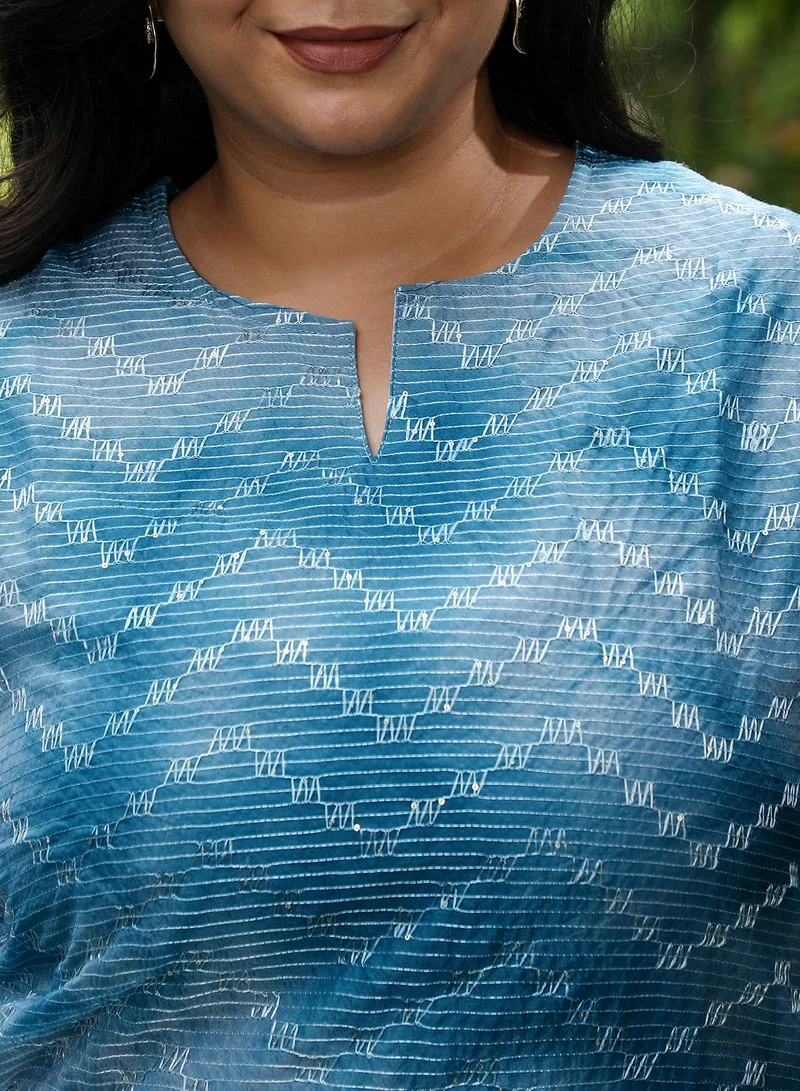 Instafab Plus  Instafab Plus Women's Indigo Blue Tie-Dye Kurti With Palazzo & Dupatta For Ethnic Wear | Portrait Neck, Quarter Regular Sleeve | Tiedye Embroidered Fabric | 3 Piece Kurta Set For Casual & Evening Wear for Women | Best Price UAE