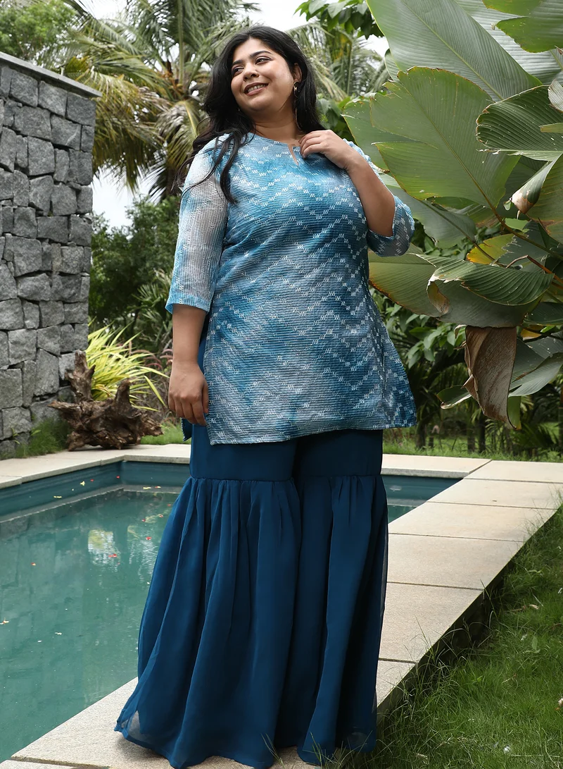 Instafab Plus  Instafab Plus Women's Indigo Blue Tie-Dye Kurti With Palazzo & Dupatta For Ethnic Wear | Portrait Neck, Quarter Regular Sleeve | Tiedye Embroidered Fabric | 3 Piece Kurta Set For Casual & Evening Wear for Women | Best Price UAE