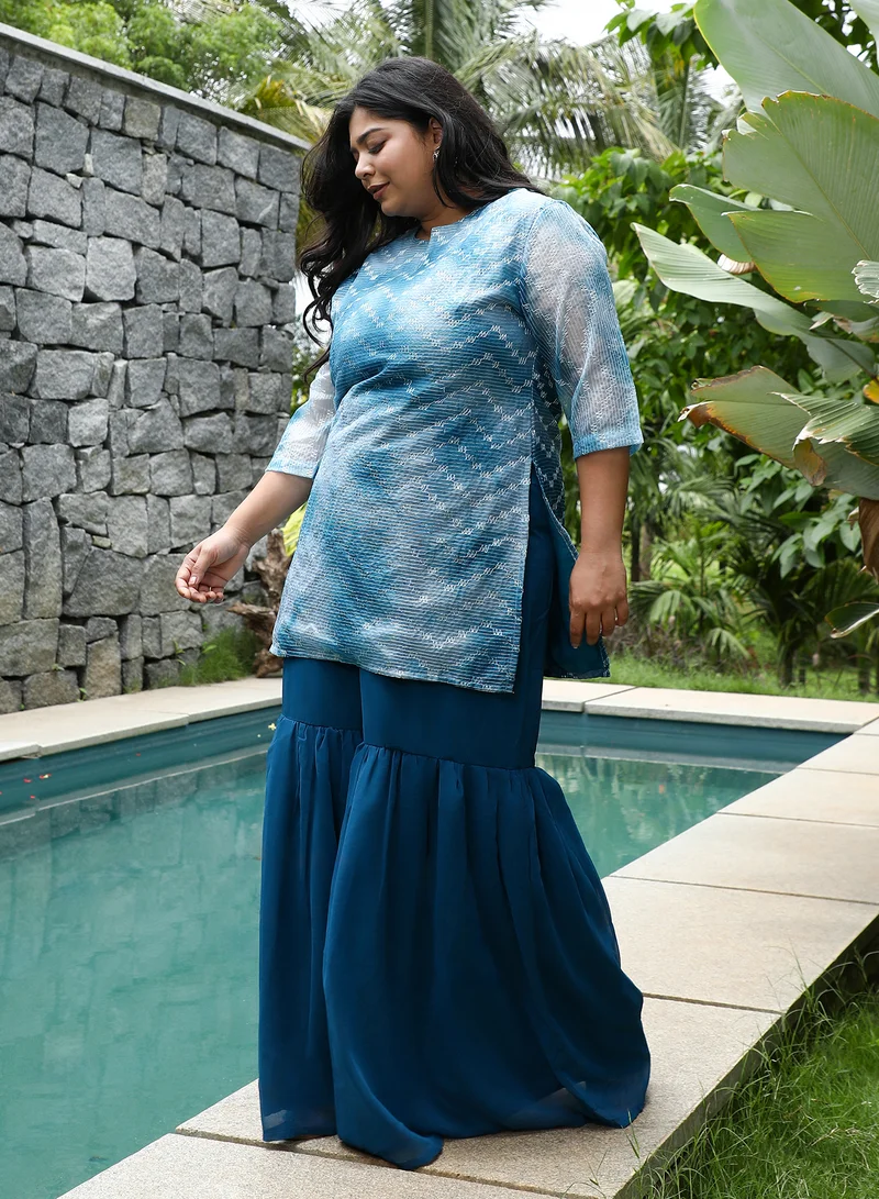Instafab Plus  Instafab Plus Women's Indigo Blue Tie-Dye Kurti With Palazzo & Dupatta For Ethnic Wear | Portrait Neck, Quarter Regular Sleeve | Tiedye Embroidered Fabric | 3 Piece Kurta Set For Casual & Evening Wear for Women | Best Price UAE