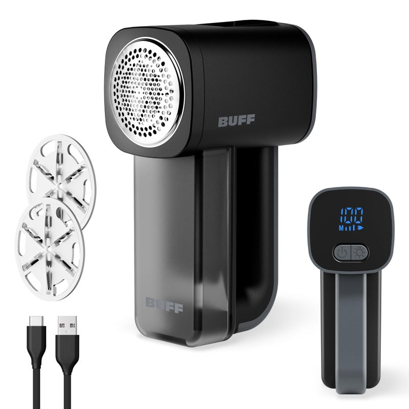 BUFF Fabric Shaver + Lint Remover, Sweater Defuzzer with 3 Motor Speeds, Remove Pills from Blankets, Couch, Clothing, Furniture, Stainless Steel Blade, USB-C Rechargeable - Black - Image 1