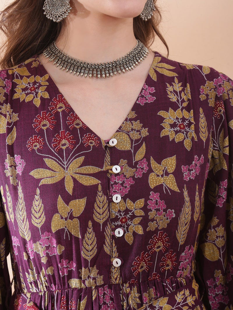 Globus Women Purple V-Neck Bishop Sleeve Floral Print Belted Gathered & Tiered A-Line Maxi Dress - Image 5