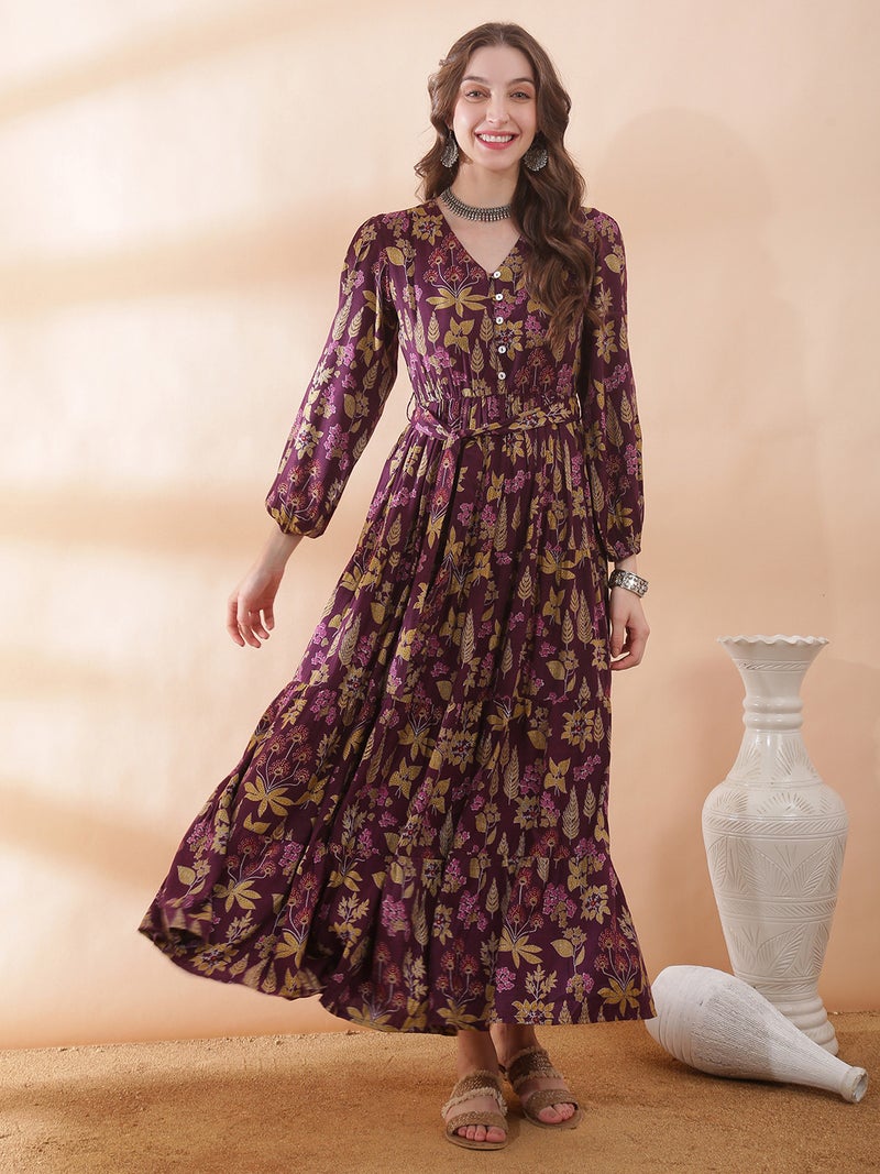Globus Women Purple V-Neck Bishop Sleeve Floral Print Belted Gathered & Tiered A-Line Maxi Dress - Image 1