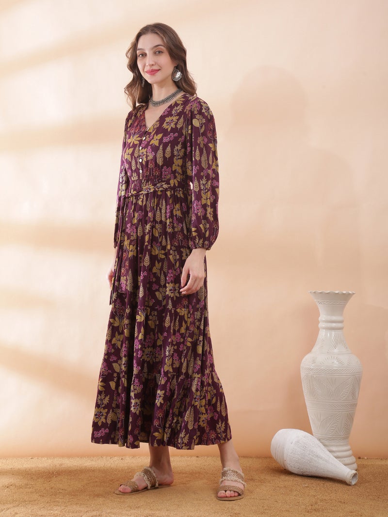 Globus Women Purple V-Neck Bishop Sleeve Floral Print Belted Gathered & Tiered A-Line Maxi Dress - Image 3