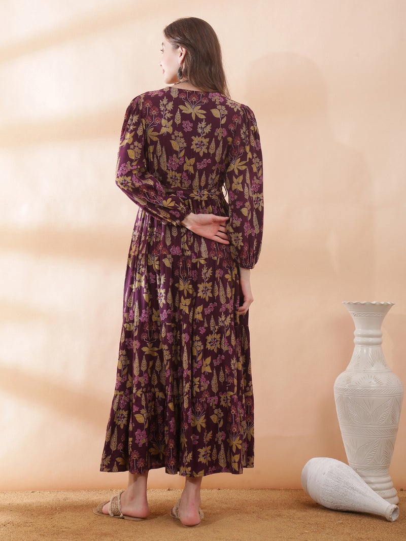 Globus Women Purple V-Neck Bishop Sleeve Floral Print Belted Gathered & Tiered A-Line Maxi Dress - Image 4
