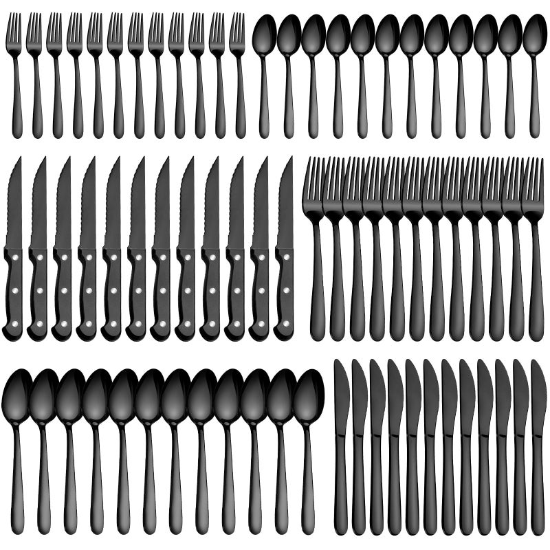 Pleafind 72Pieces Black Silverware Sets for 12 Flatware Set with Steak Knives Stainless Steel Cutlery Set Include Forks Spoons and Knives Set Dishwasher Safe Utensil Sets for Home Restaurant