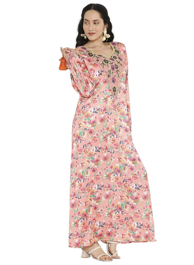 HANA & SARA CREATIVE HAND BEADED LONG MODEST FLORAL PRINTED ARABIC FARASHA KAFTAN JALABIYA DRESSES