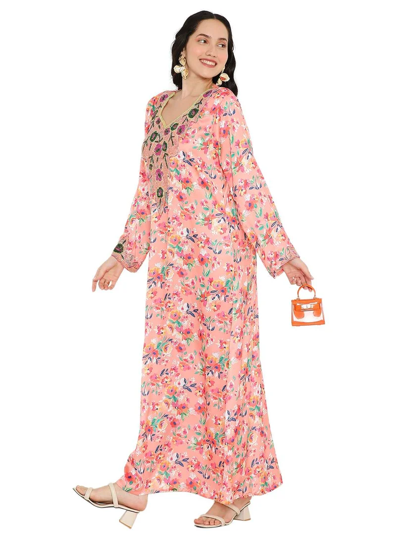 HANA & SARA CREATIVE HAND BEADED LONG MODEST FLORAL PRINTED ARABIC FARASHA KAFTAN JALABIYA DRESSES