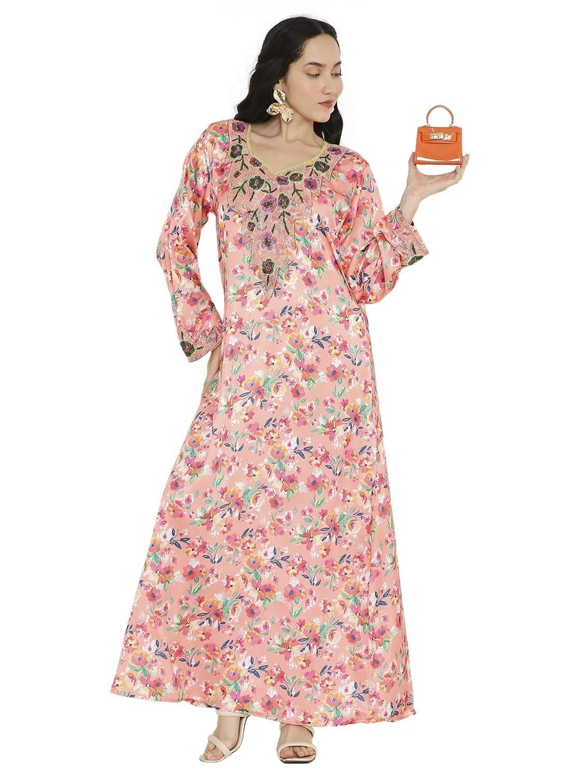 HANA & SARA CREATIVE HAND BEADED LONG MODEST FLORAL PRINTED ARABIC FARASHA KAFTAN JALABIYA DRESSES