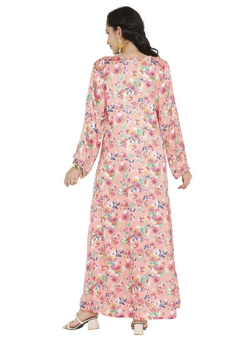 HANA & SARA CREATIVE HAND BEADED LONG MODEST FLORAL PRINTED ARABIC FARASHA KAFTAN JALABIYA DRESSES