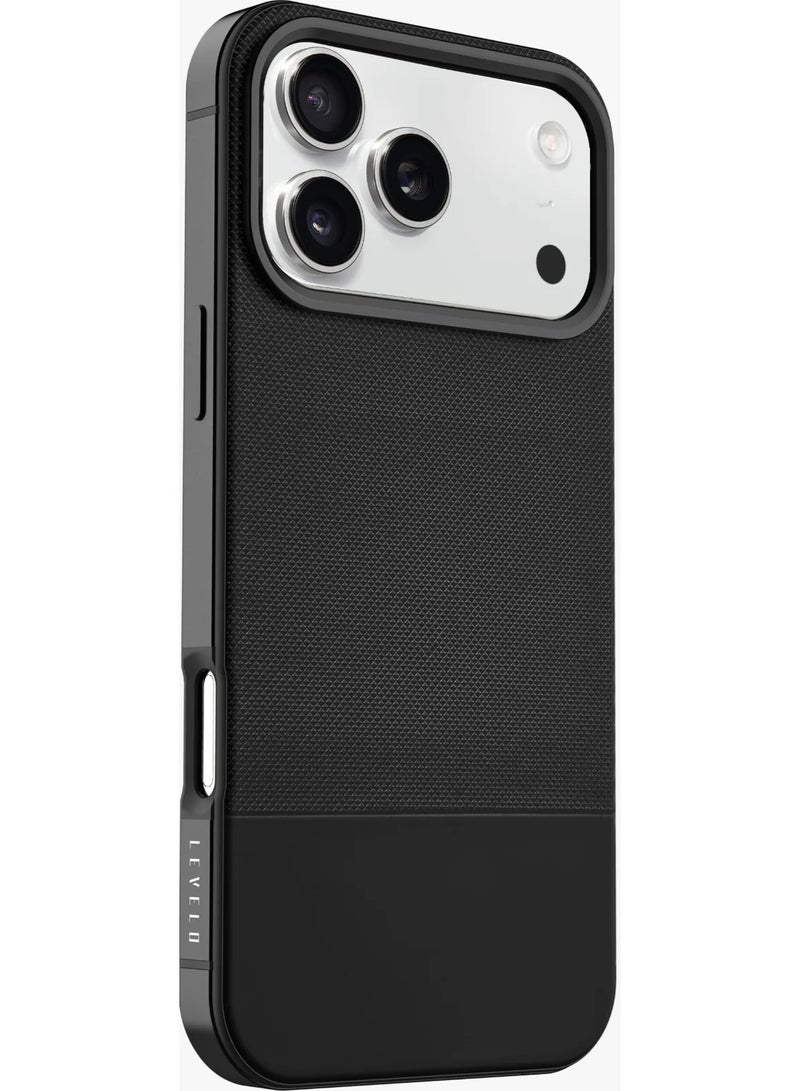 LEVELO iPhone 17 Pro MagSafe Case Cuir With Comfortable Grip & Premium PU Leather / Shock-Resistant Bumper / Aluminum Alloy Frame for Camera & Buttons / Strong Magnets - Phantom Black - Image 3