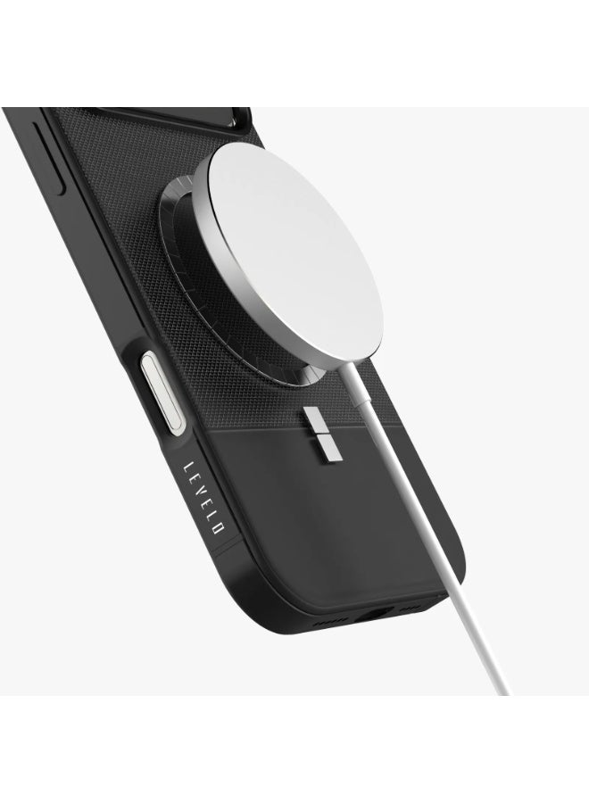 LEVELO iPhone 17 Pro MagSafe Case Cuir With Comfortable Grip & Premium PU Leather / Shock-Resistant Bumper / Aluminum Alloy Frame for Camera & Buttons / Strong Magnets - Phantom Black - Image 2